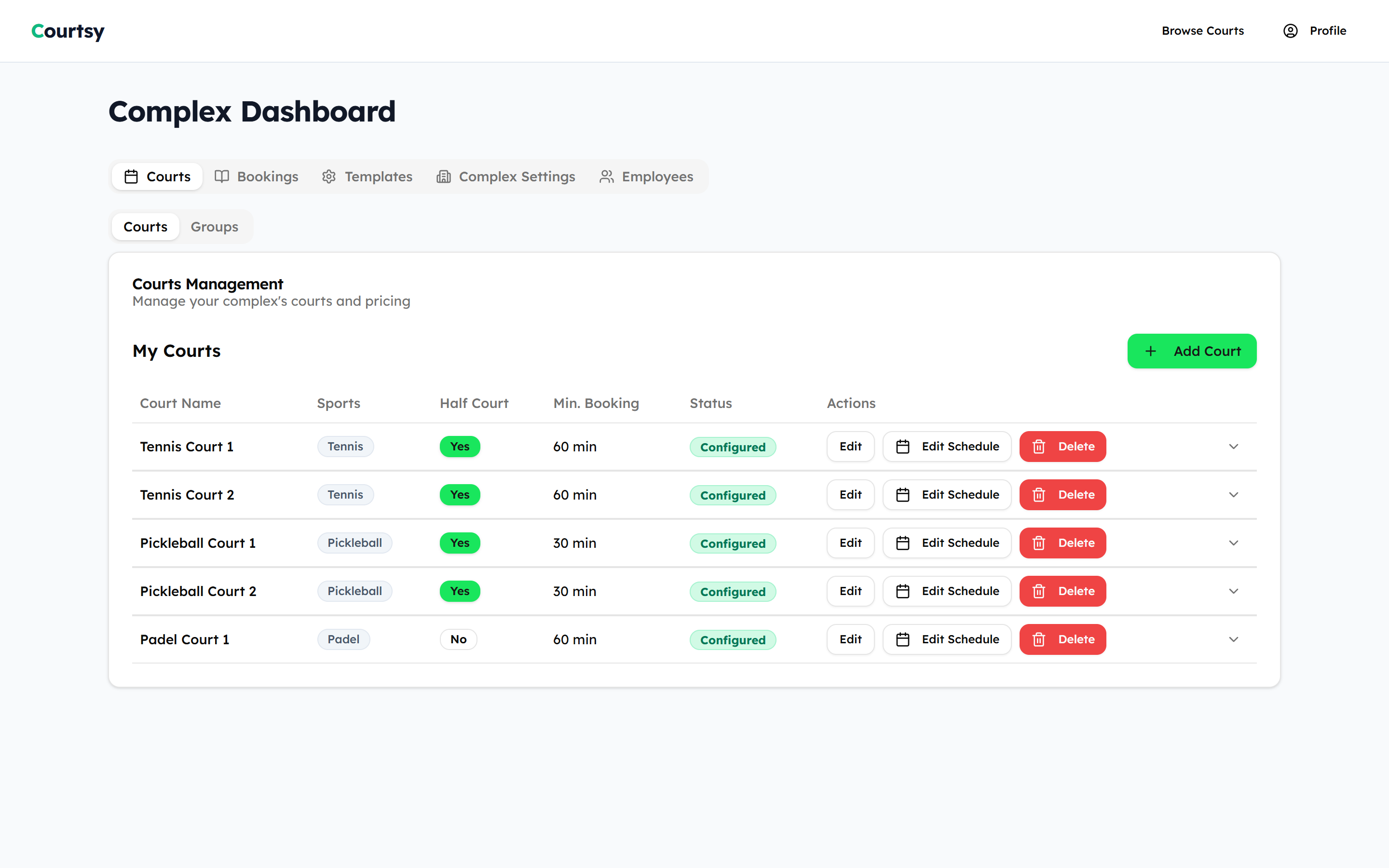 Courtsy dashboard showing bookings and schedule management