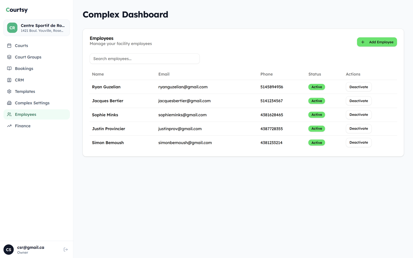 Courtsy employee accounts and permissions